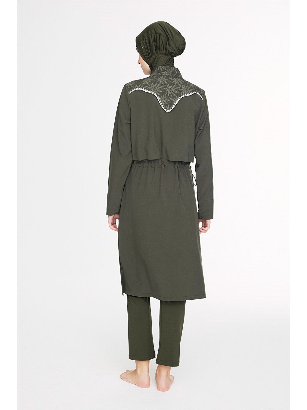 Haki Vaha Koleksiyonu Omuz Bölgesi Palmiye Desenli Yeşil 5 Parça Tam Tesettür Mayo Takımı 5097-3