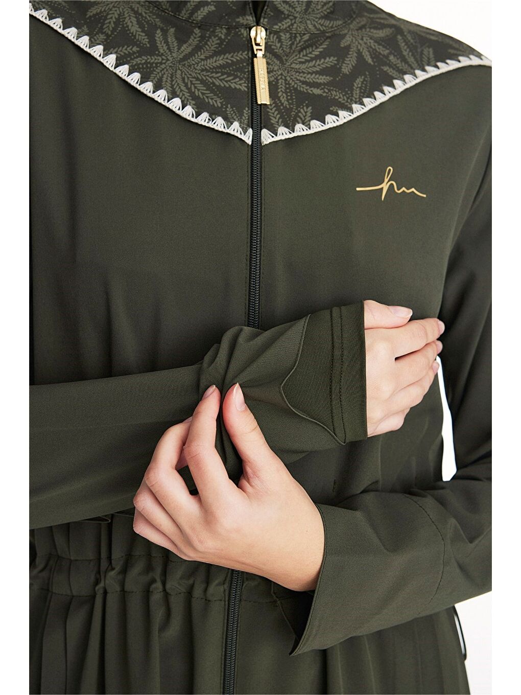 Haki Vaha Koleksiyonu Omuz Bölgesi Palmiye Desenli Yeşil 5 Parça Tam Tesettür Mayo Takımı 5097-4