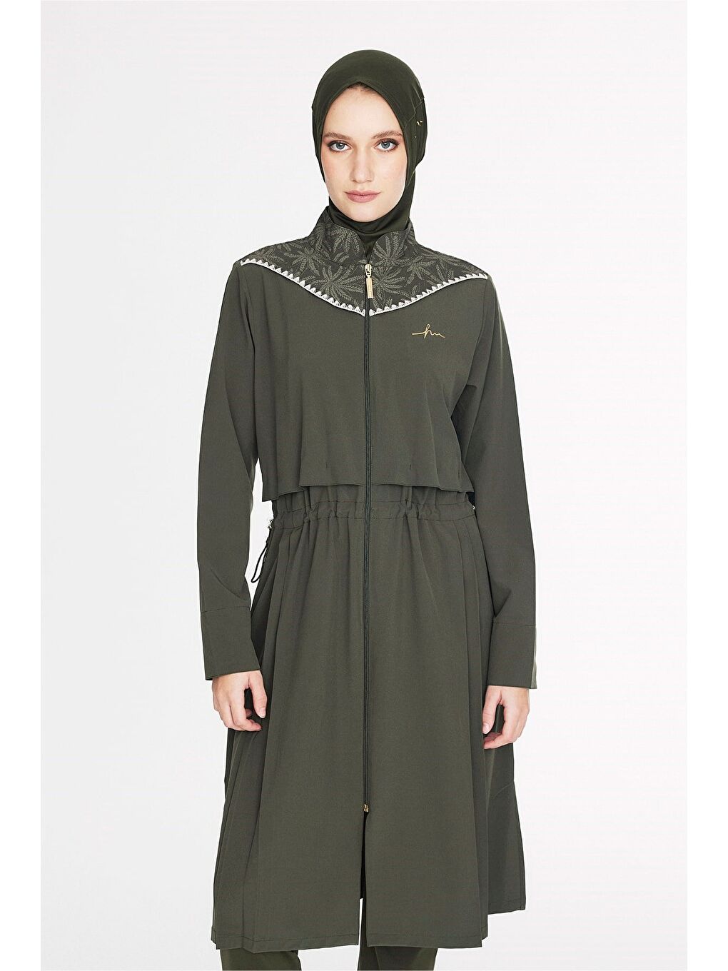 Haki Vaha Koleksiyonu Omuz Bölgesi Palmiye Desenli Yeşil 5 Parça Tam Tesettür Mayo Takımı 5097-5