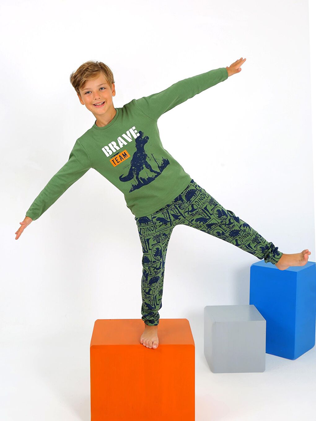 Yeşil Erkek Çocuk Uzun Kollu %100 Pamuklu Pijama Takımı Brave-1