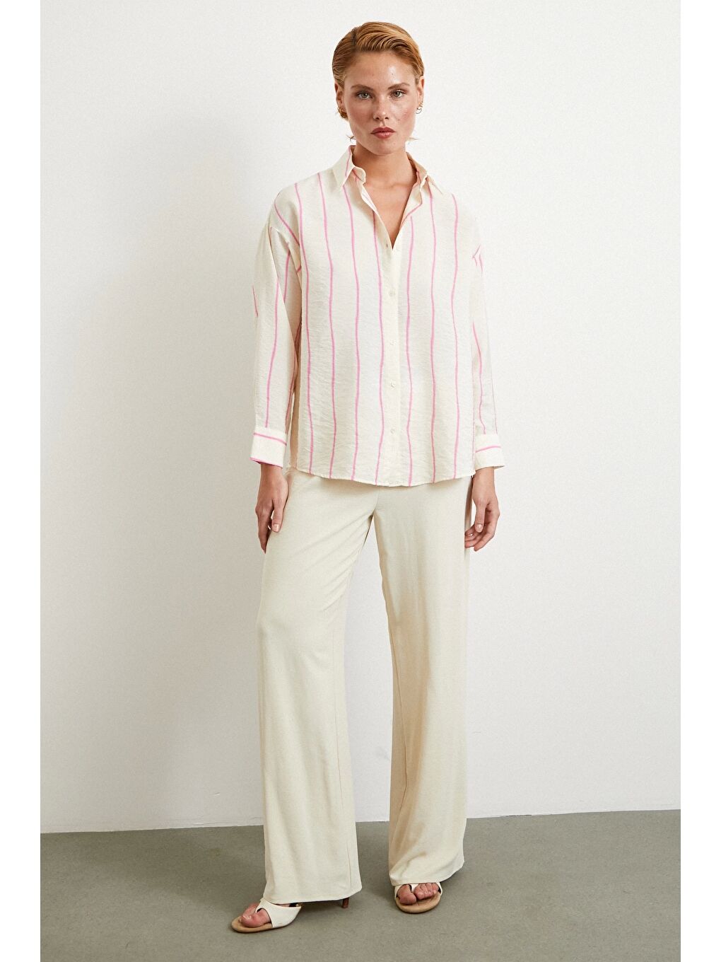Çizgili Modal Gömlek Pembe-1