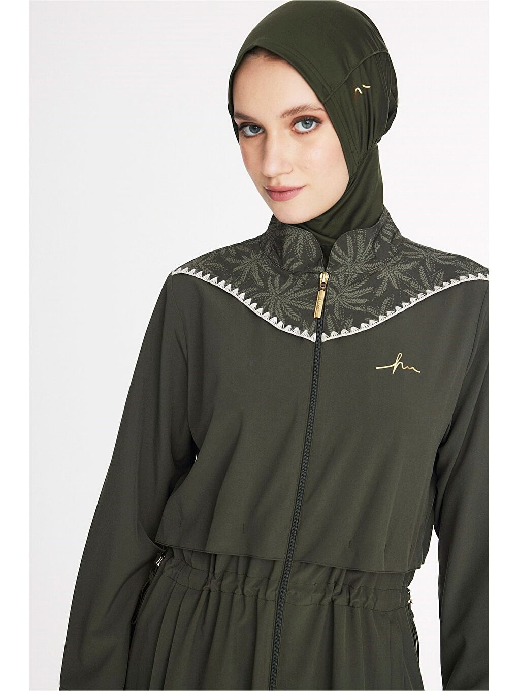 Haki Vaha Koleksiyonu Omuz Bölgesi Palmiye Desenli Yeşil 5 Parça Tam Tesettür Mayo Takımı 5097-6