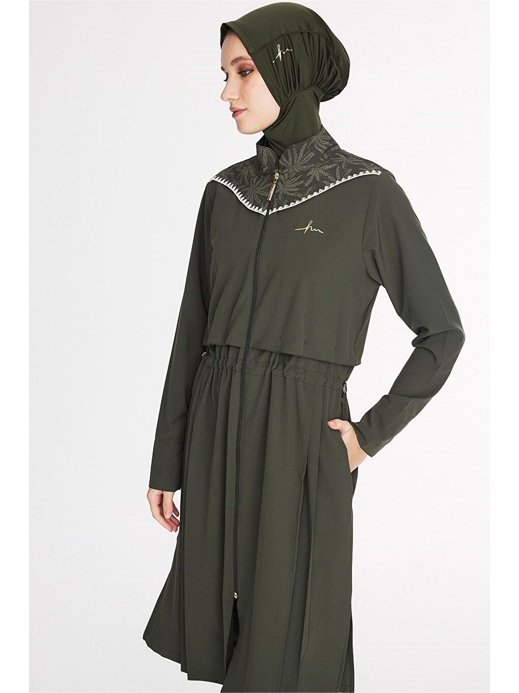 Haki Vaha Koleksiyonu Omuz Bölgesi Palmiye Desenli Yeşil 5 Parça Tam Tesettür Mayo Takımı 5097-7