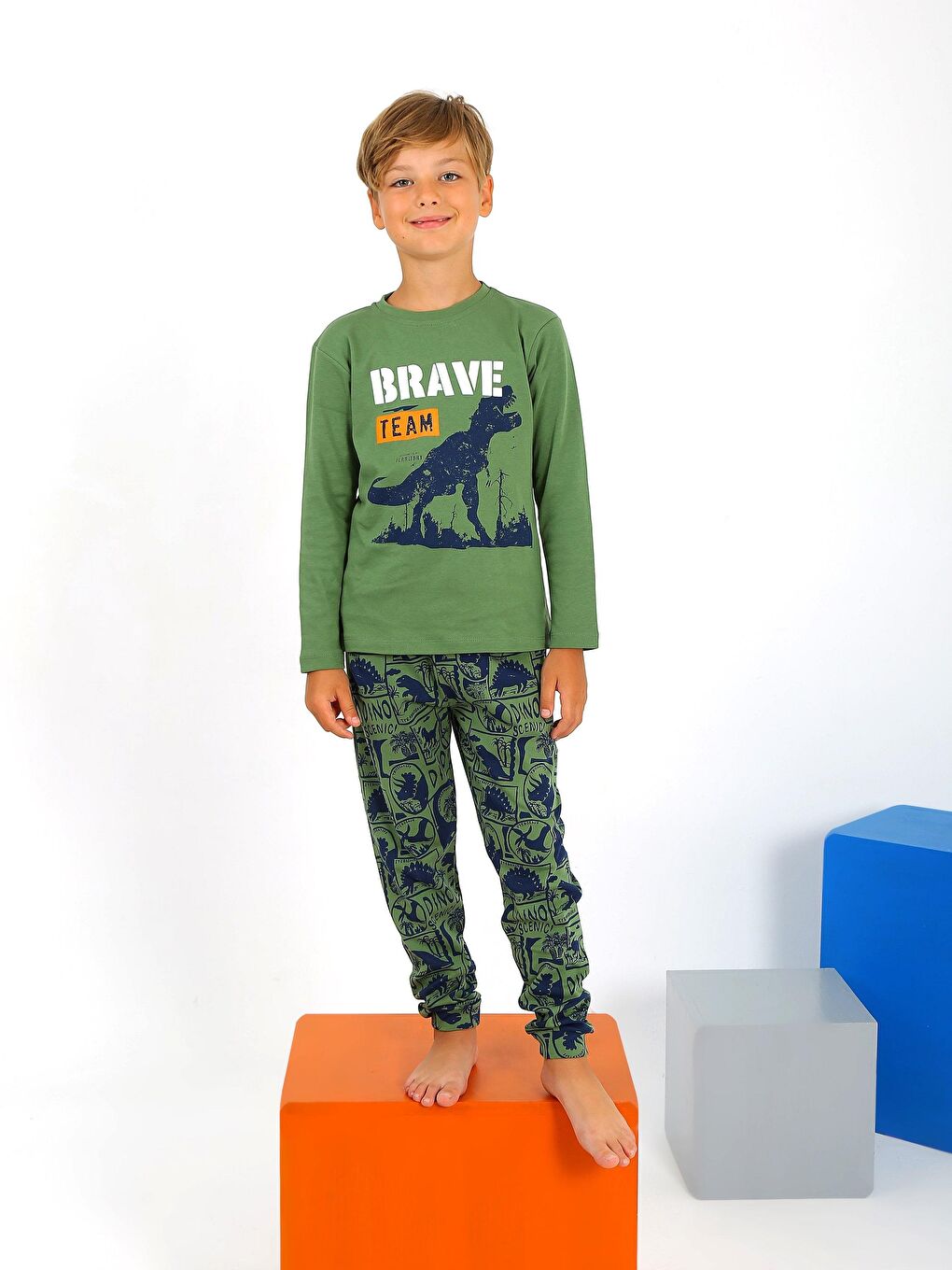 Yeşil Erkek Çocuk Uzun Kollu %100 Pamuklu Pijama Takımı Brave-2