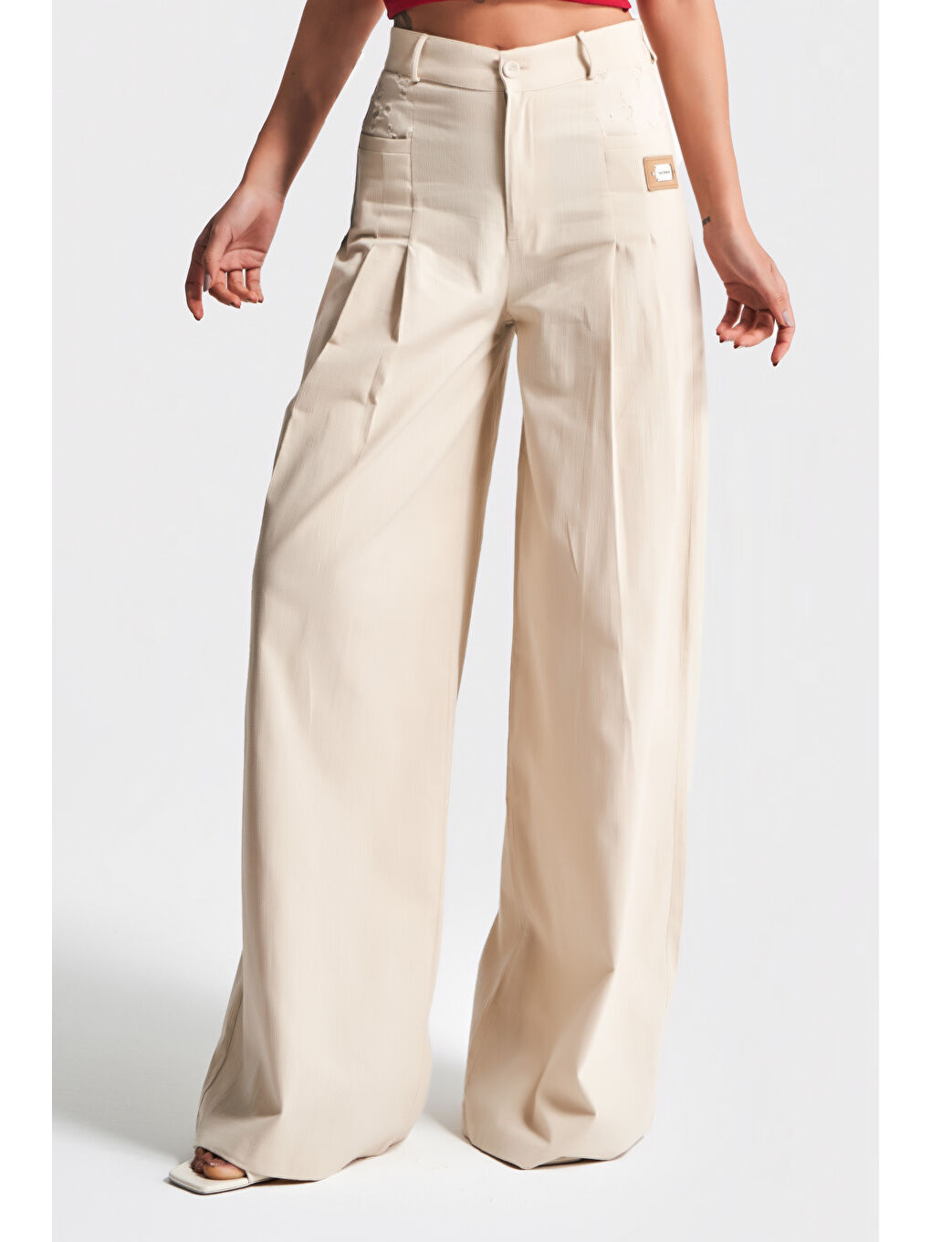 Kadın Bej Renk Esnek Keten Kumaş Palazzo Fit Tasarım Pantolon-1