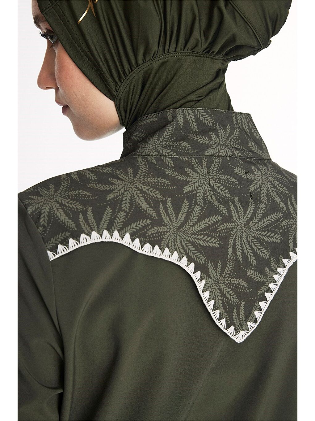 Haki Vaha Koleksiyonu Omuz Bölgesi Palmiye Desenli Yeşil 5 Parça Tam Tesettür Mayo Takımı 5097-8