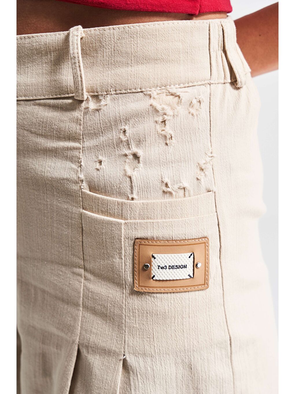 Kadın Bej Renk Esnek Keten Kumaş Palazzo Fit Tasarım Pantolon-4