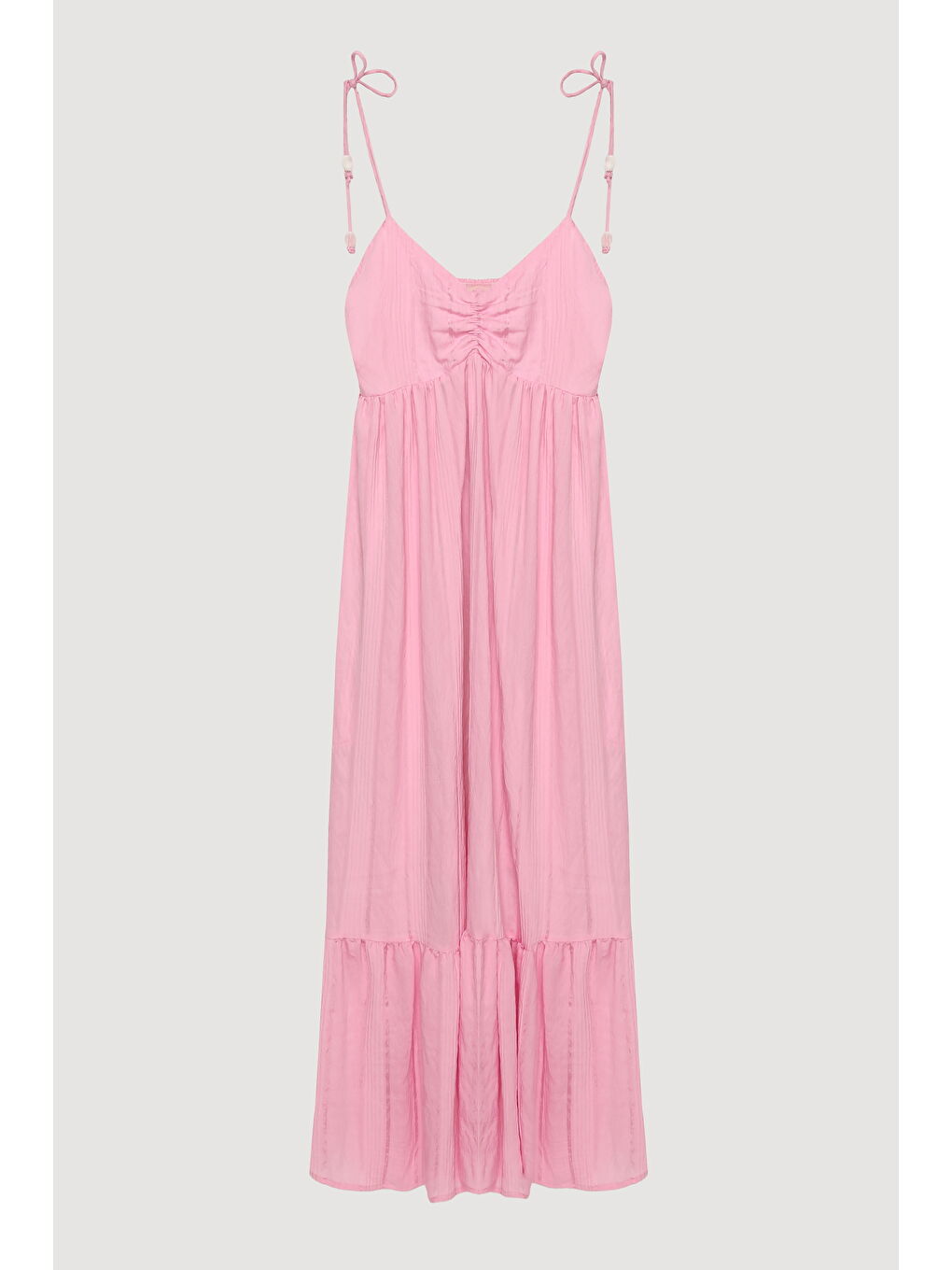 İnce Çizgili Boncuk Askılı Uzun Elbise Pembe-1