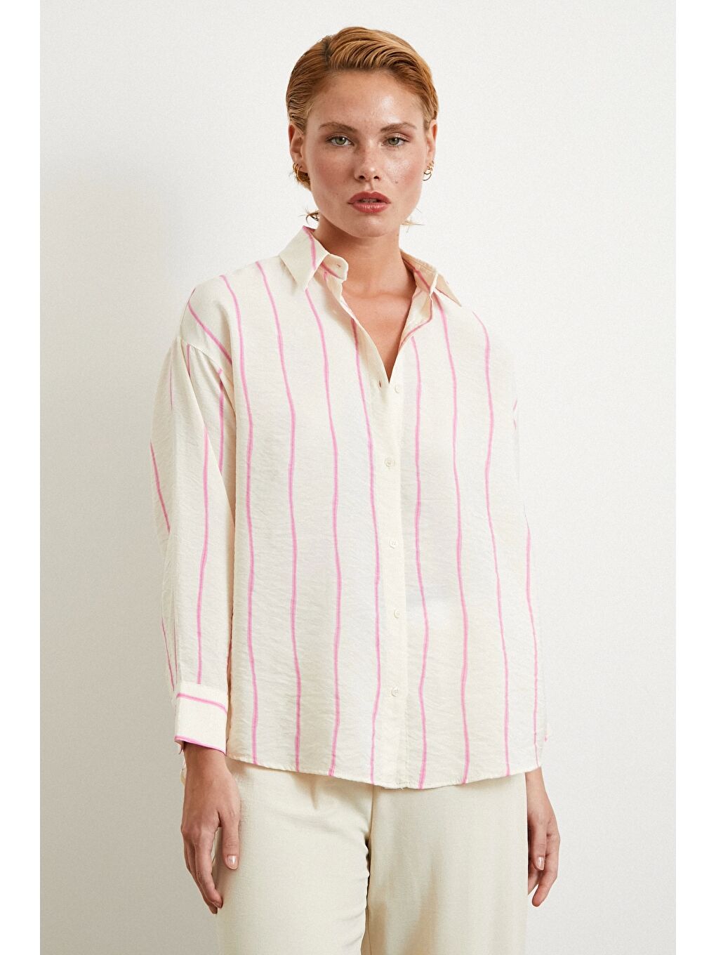 Çizgili Modal Gömlek Pembe-2