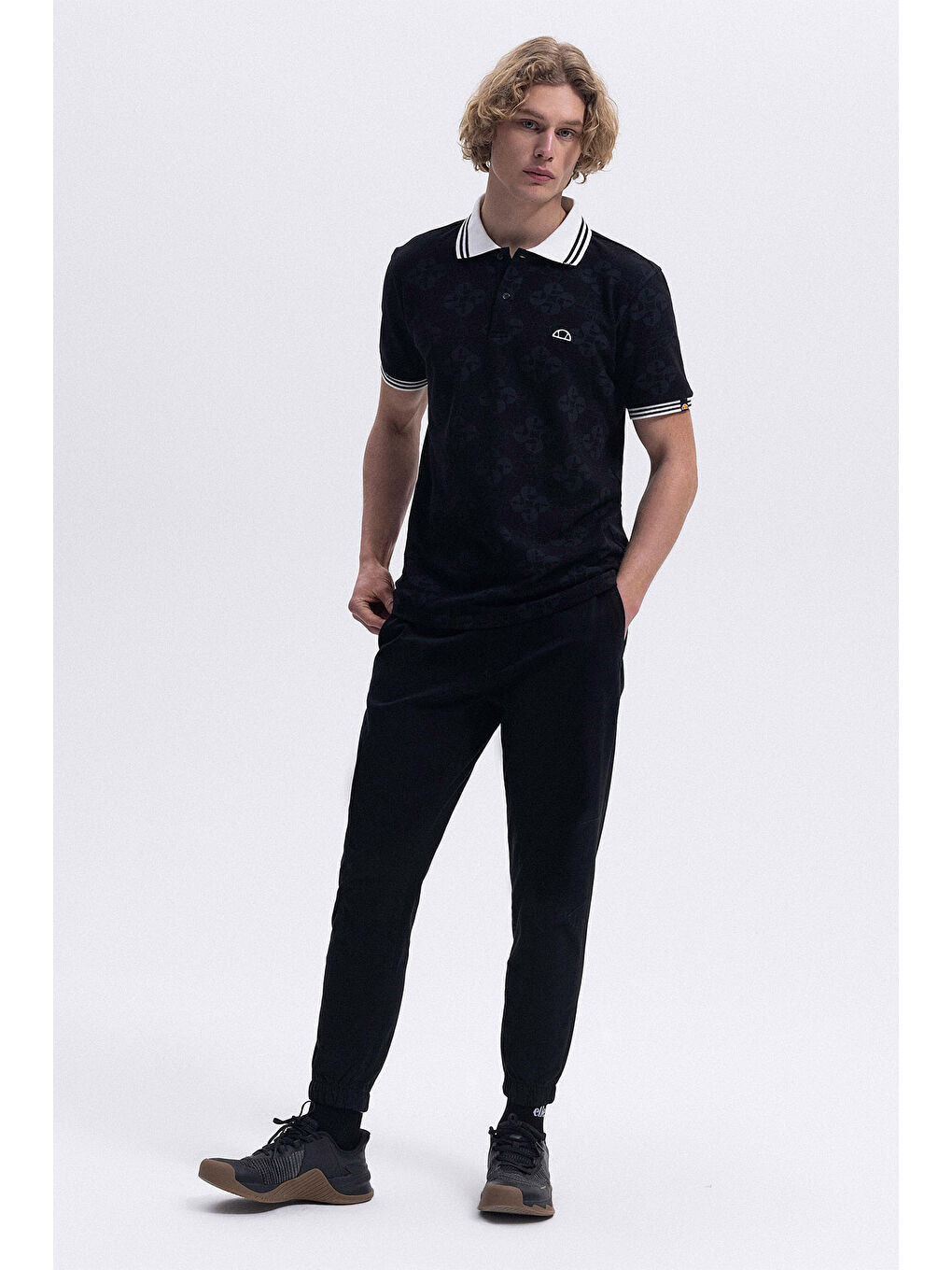 Siyah Monogramlı % 100 Pamuk Regular Fit Düğmeli Polo Yaka T Shirt EM381-BK-1