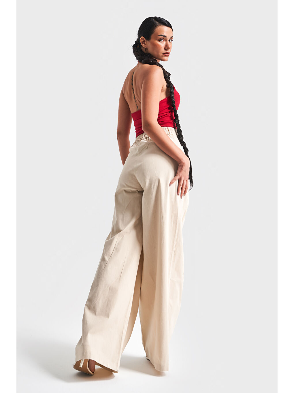 Kadın Bej Renk Esnek Keten Kumaş Palazzo Fit Tasarım Pantolon-2