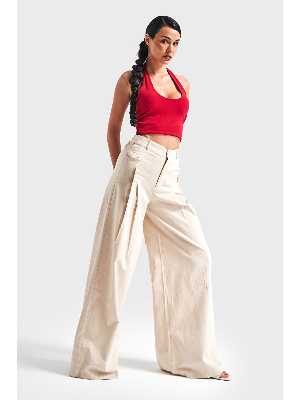 Kadın Bej Renk Esnek Keten Kumaş Palazzo Fit Tasarım Pantolon