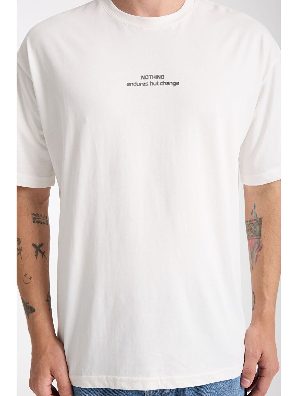 Erkek Beyaz Nothing Nakış Yazılı Oversize Bisiklet Yaka Tişört-1