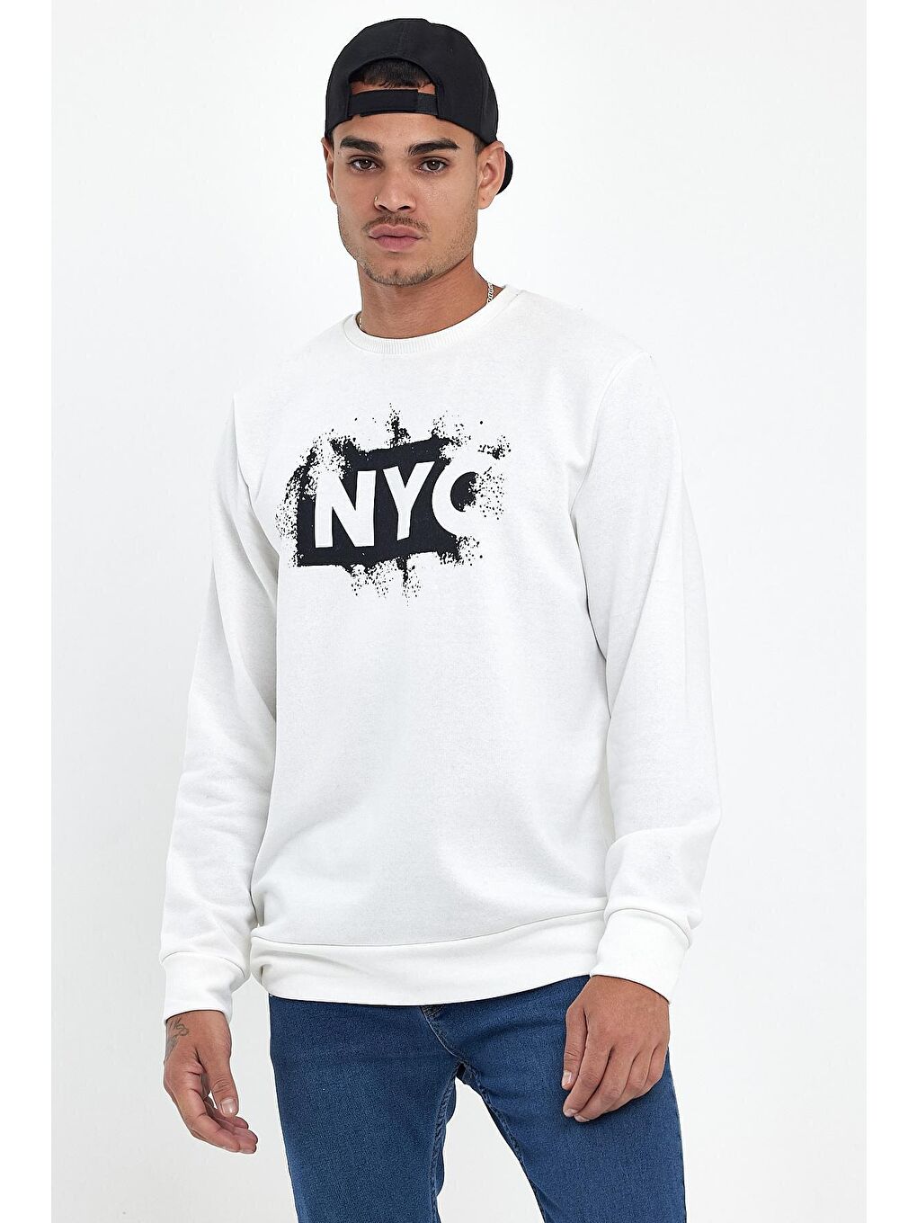 Ekru Erkek Bisiklet Yaka Regular Fit 3 İplik Kalın NYC Baskılı Sweatshirt spr24sw24-2