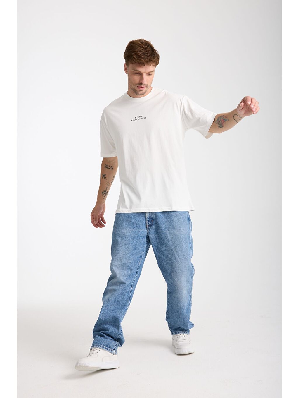 Erkek Beyaz Nothing Nakış Yazılı Oversize Bisiklet Yaka Tişört-2