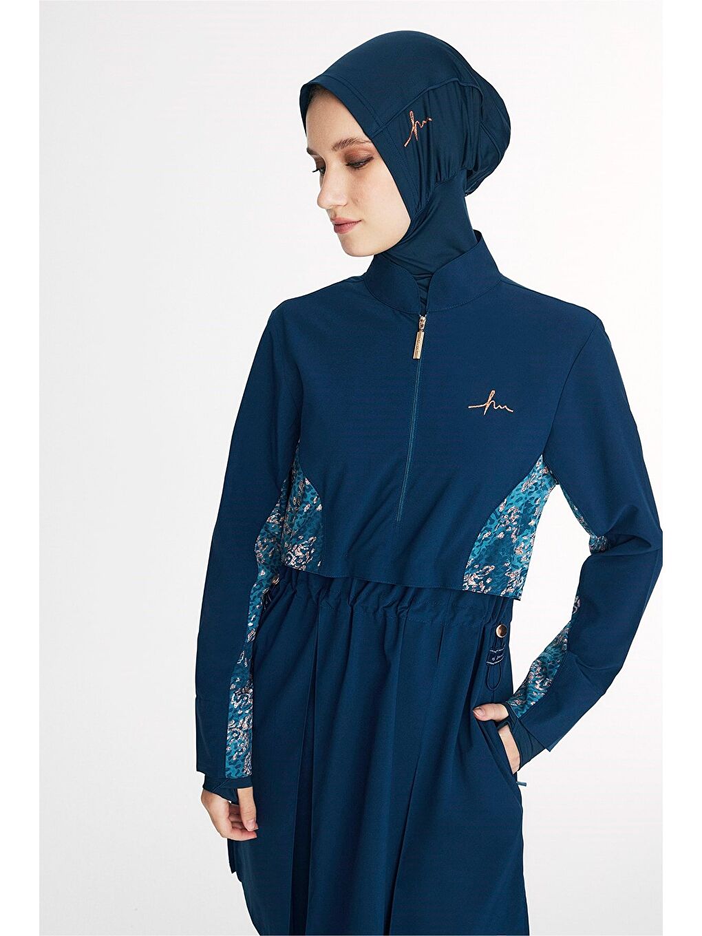 Petrol Vaha Koleksiyonu Kol Altı Desenli Lacivert 5 Parça Tam Tesettür Mayo Takımı 5089-10