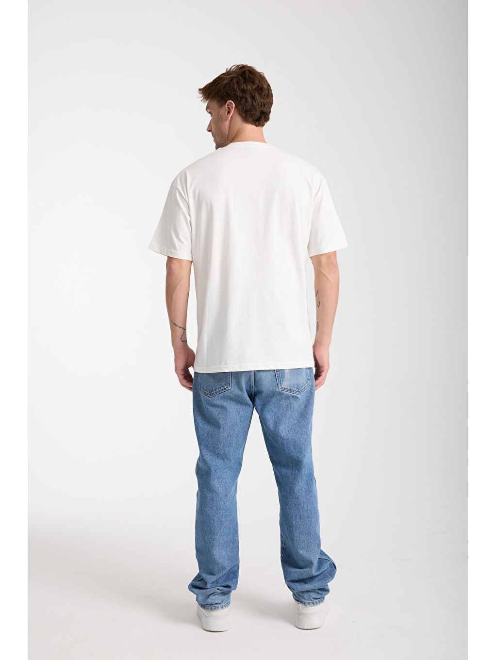 Erkek Beyaz Nothing Nakış Yazılı Oversize Bisiklet Yaka Tişört-3