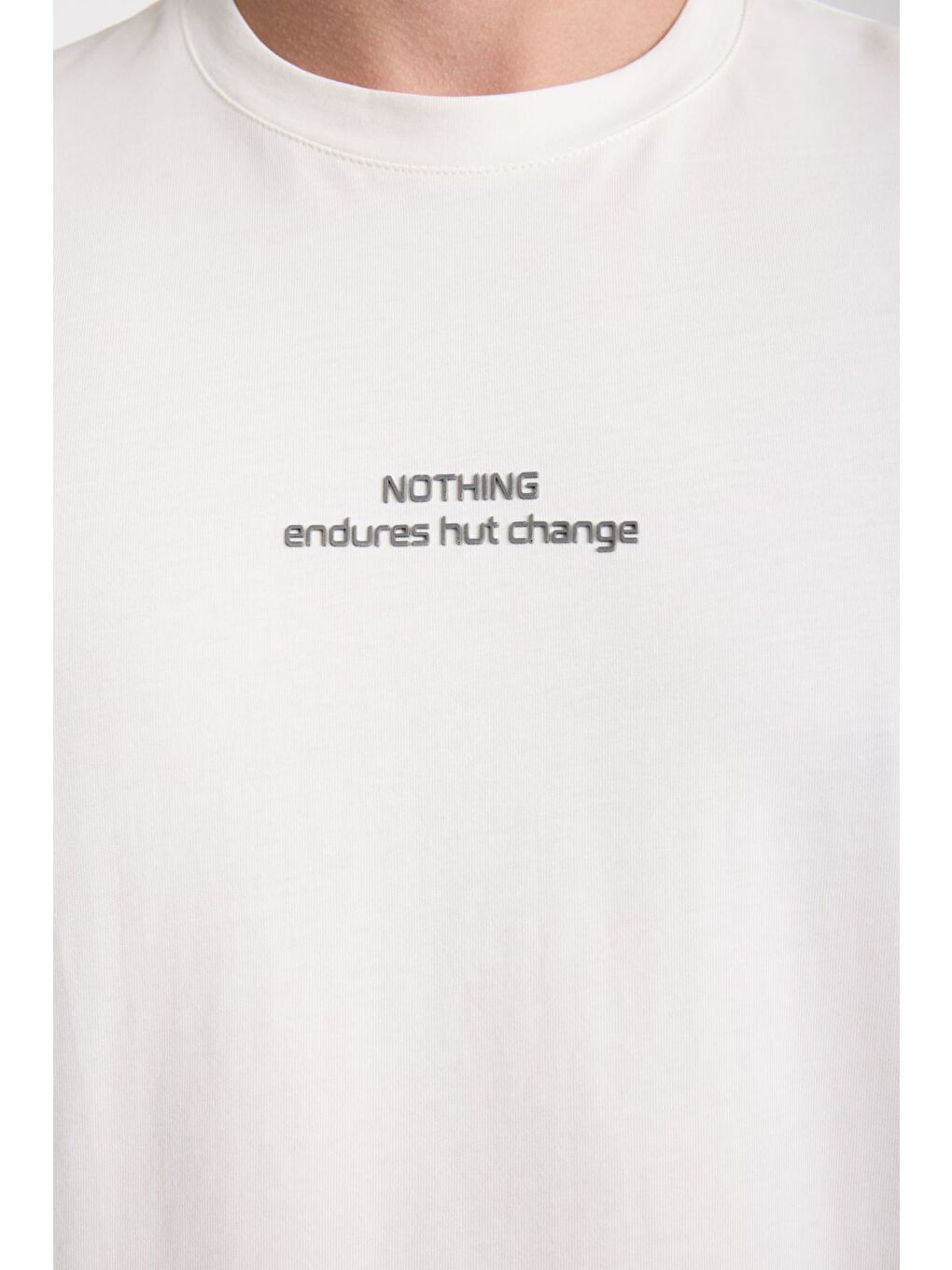 Erkek Beyaz Nothing Nakış Yazılı Oversize Bisiklet Yaka Tişört-4