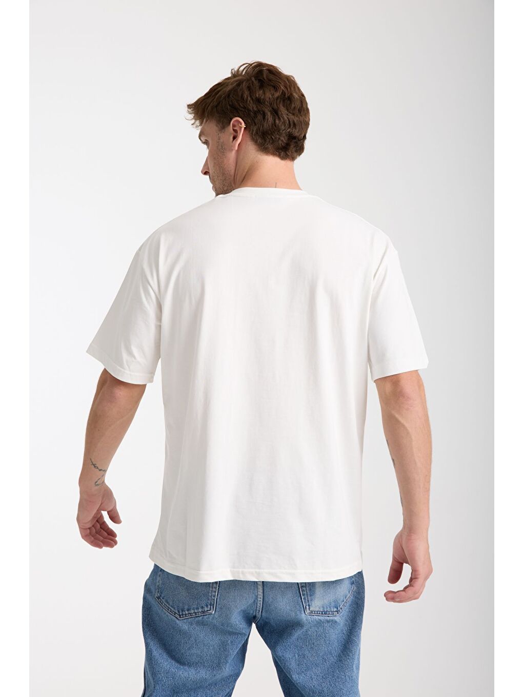 Erkek Beyaz Nothing Nakış Yazılı Oversize Bisiklet Yaka Tişört-5