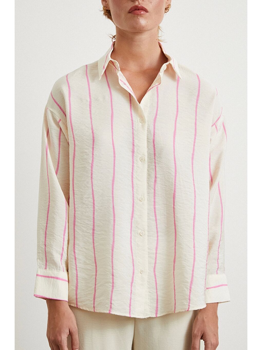 Çizgili Modal Gömlek Pembe-4