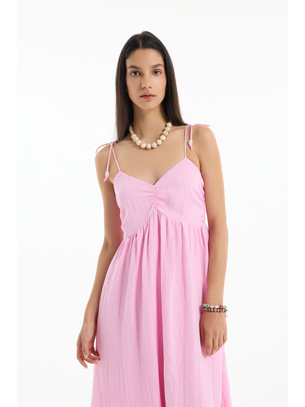 İnce Çizgili Boncuk Askılı Uzun Elbise Pembe-3