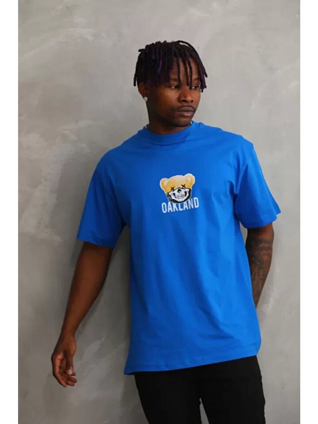 Unisex Baskılı Oversize T-Shirt - Mavi-3