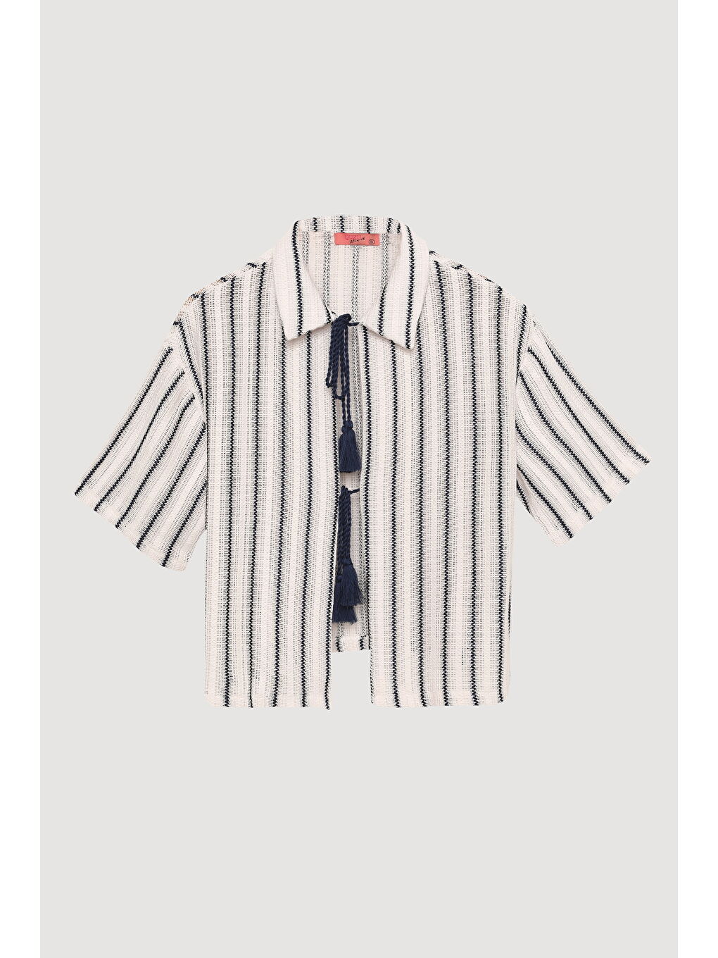 Örgü Detaylı Bağlamalı Kısa Kol Gömlek Ekru