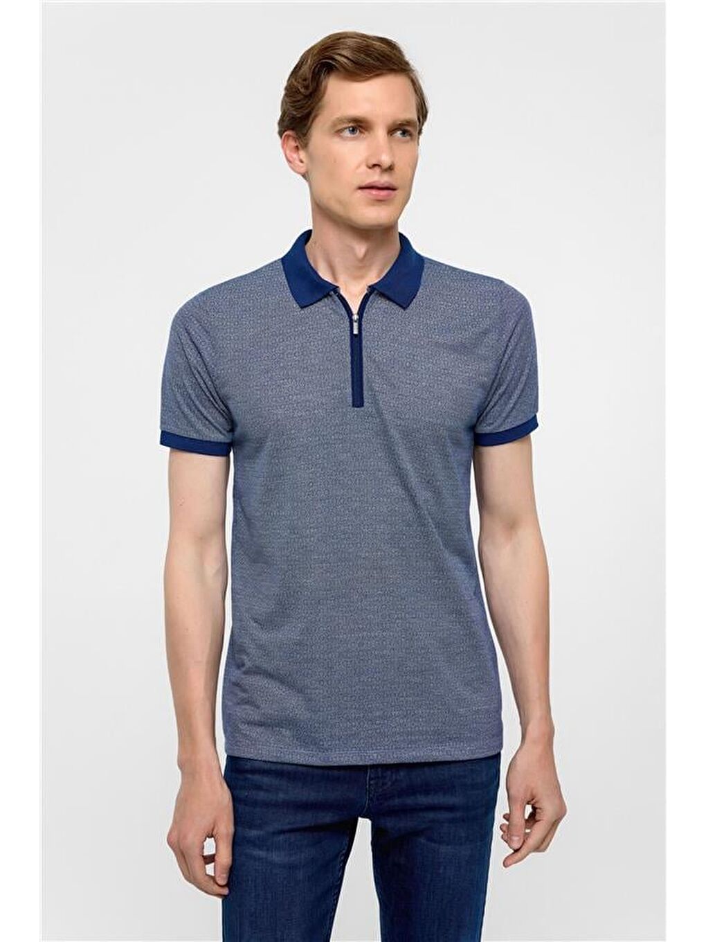 Lacivert Slim Baskılı Polo Yaka Tişört-1