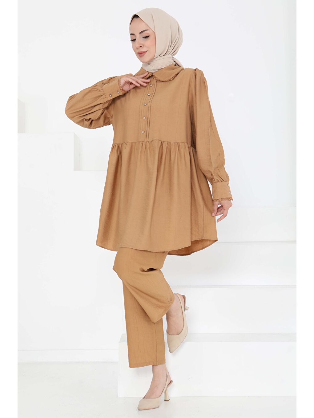 Kahverengi Yaka Detaylı İkili Takım Taba - 27182-2