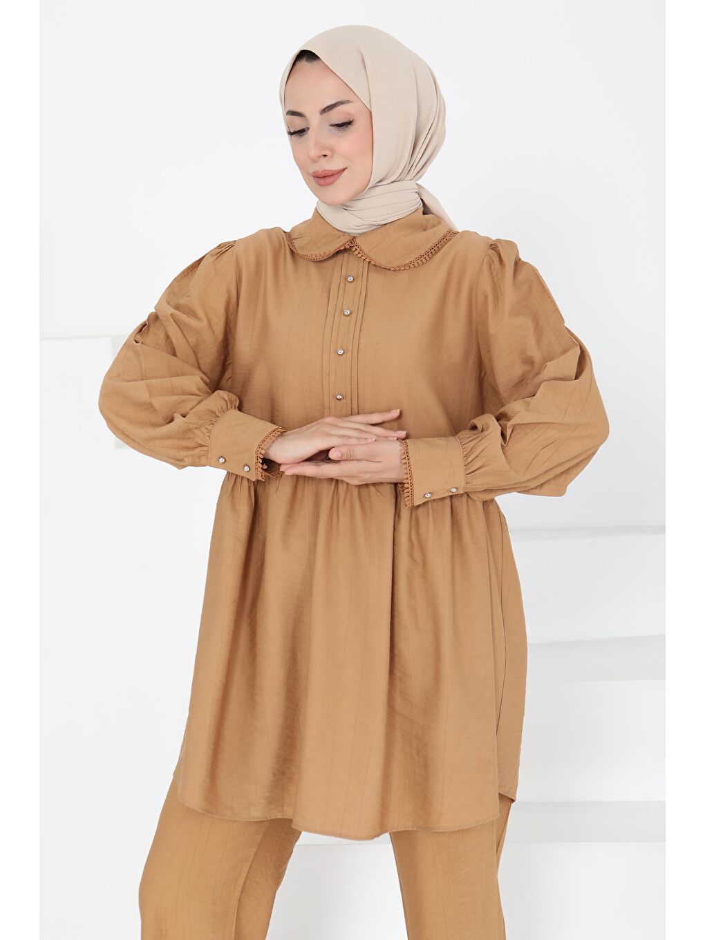 Kahverengi Yaka Detaylı İkili Takım Taba - 27182-3