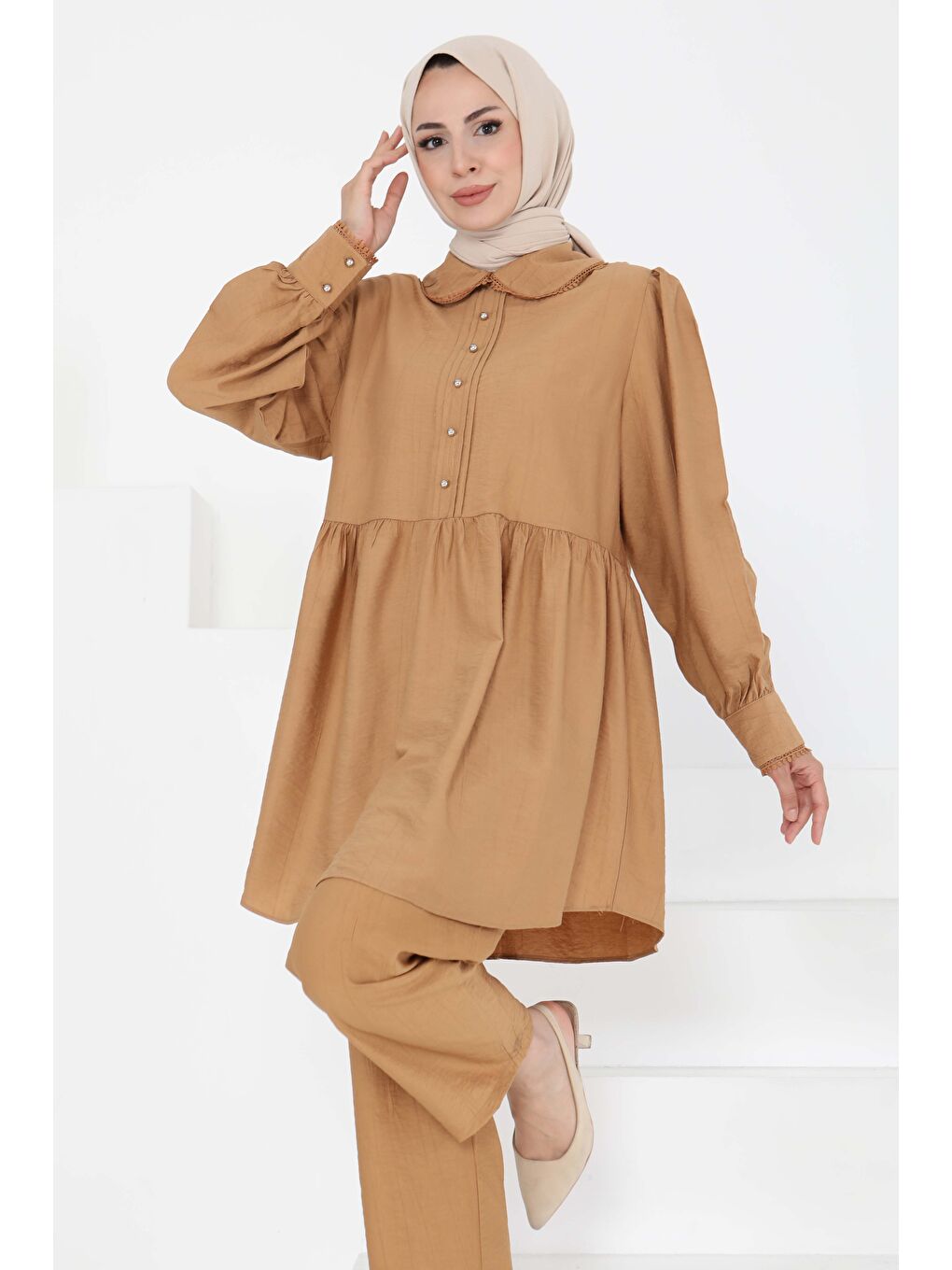 Kahverengi Yaka Detaylı İkili Takım Taba - 27182-4