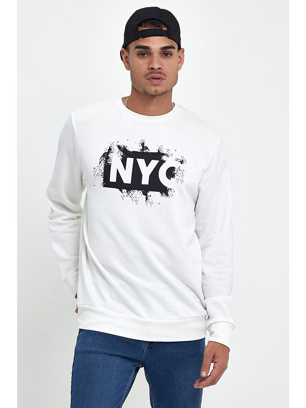 Ekru Erkek Bisiklet Yaka Regular Fit 3 İplik Kalın NYC Baskılı Sweatshirt spr24sw24-3
