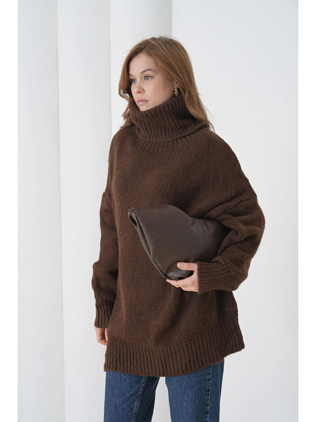 Kahverengi Kadın Balıkçı Yaka Kaşkorse Oversize Triko Tunik-1