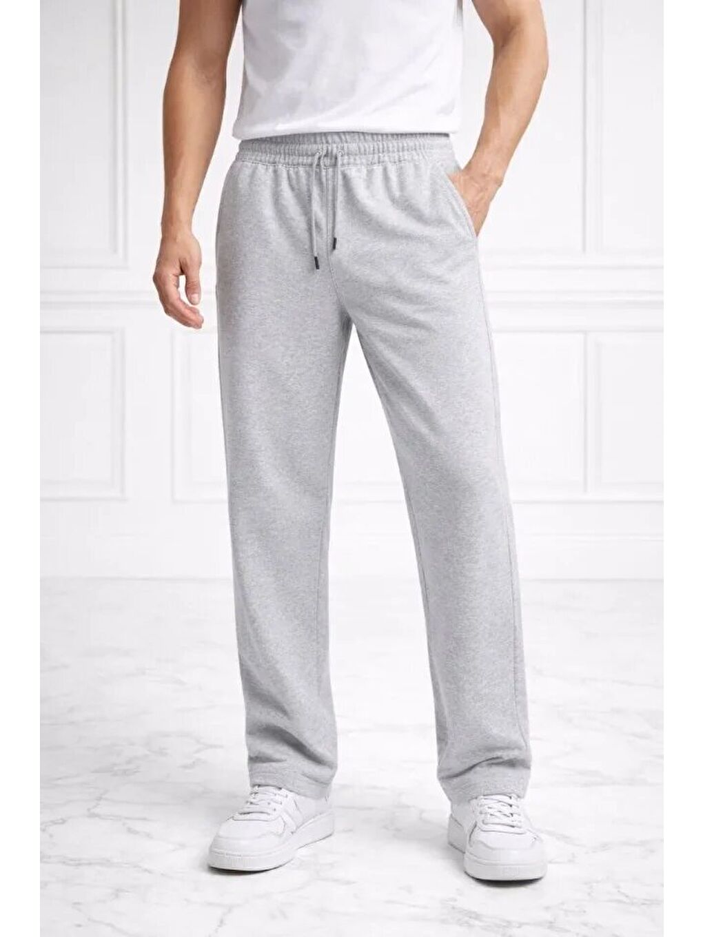 Erkek Düz Paça Beli Lastikli İpli Günlük Spor Eşofman Altı Rahat Fit - Gri-3