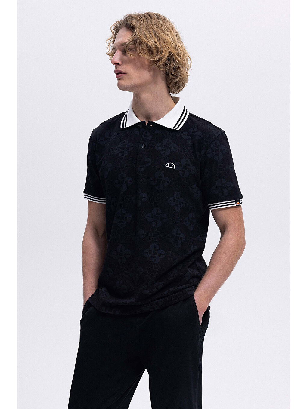 Siyah Monogramlı % 100 Pamuk Regular Fit Düğmeli Polo Yaka T Shirt EM381-BK-3