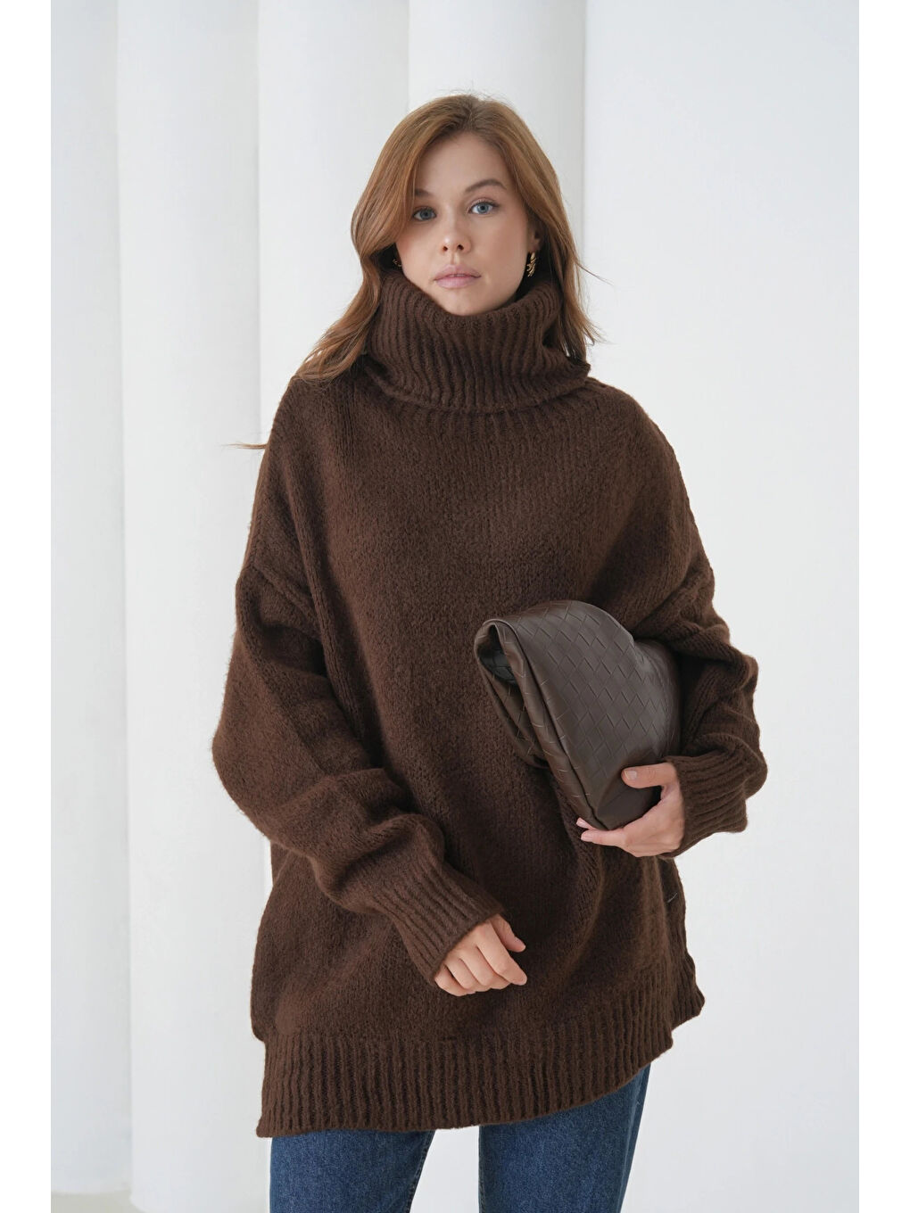 Kahverengi Kadın Balıkçı Yaka Kaşkorse Oversize Triko Tunik-2