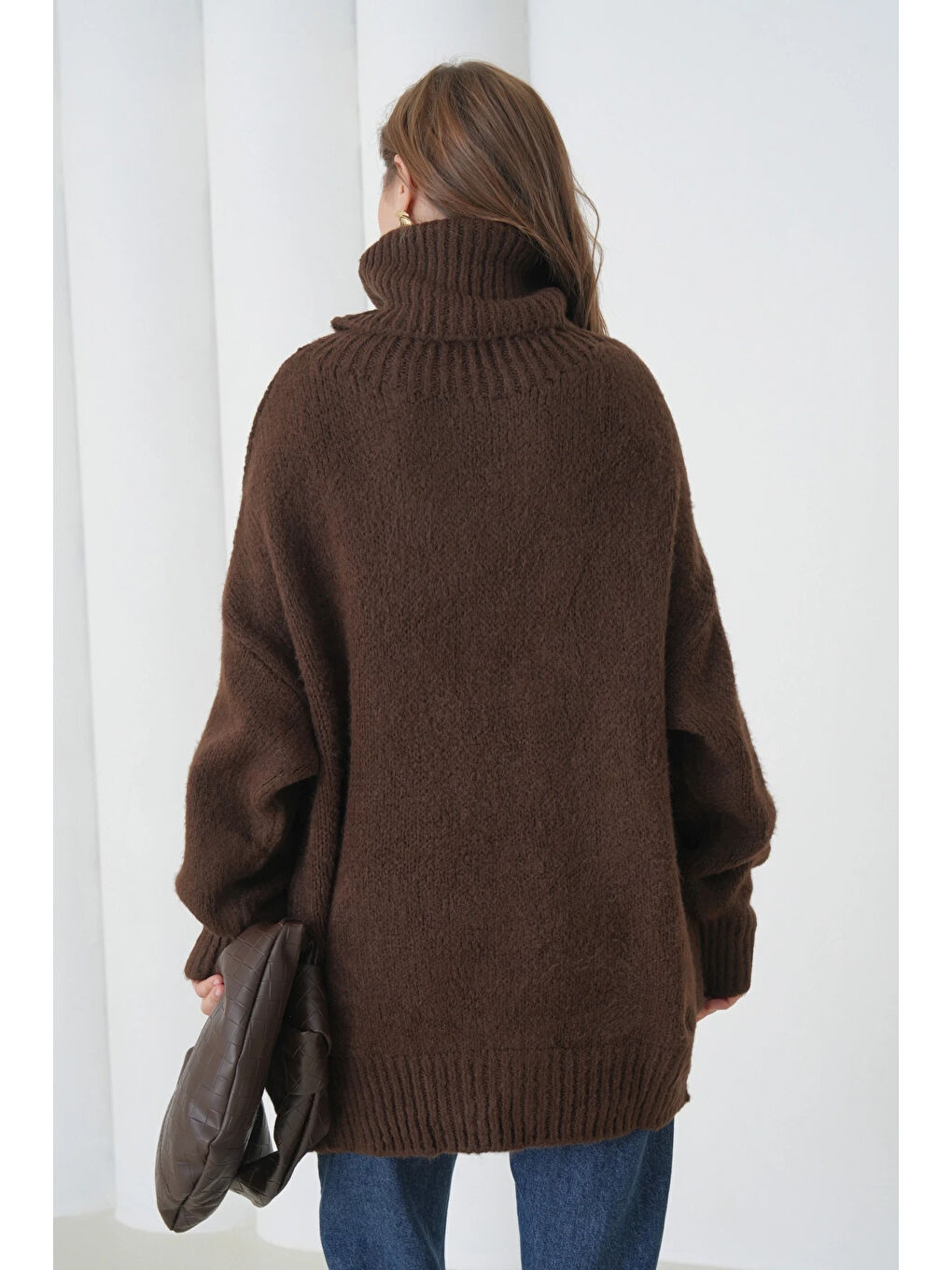 Kahverengi Kadın Balıkçı Yaka Kaşkorse Oversize Triko Tunik-3