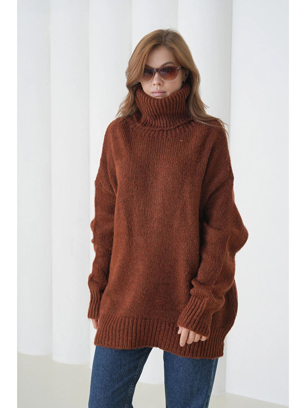 Kahverengi Kadın Balıkçı Yaka Kaşkorse Oversize Triko Tunik-4