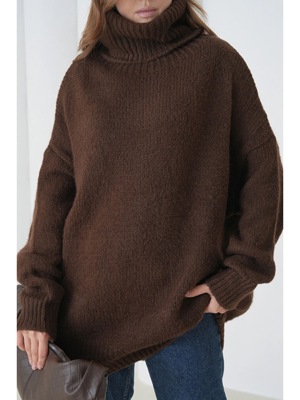 Kahverengi Kadın Balıkçı Yaka Kaşkorse Oversize Triko Tunik-4