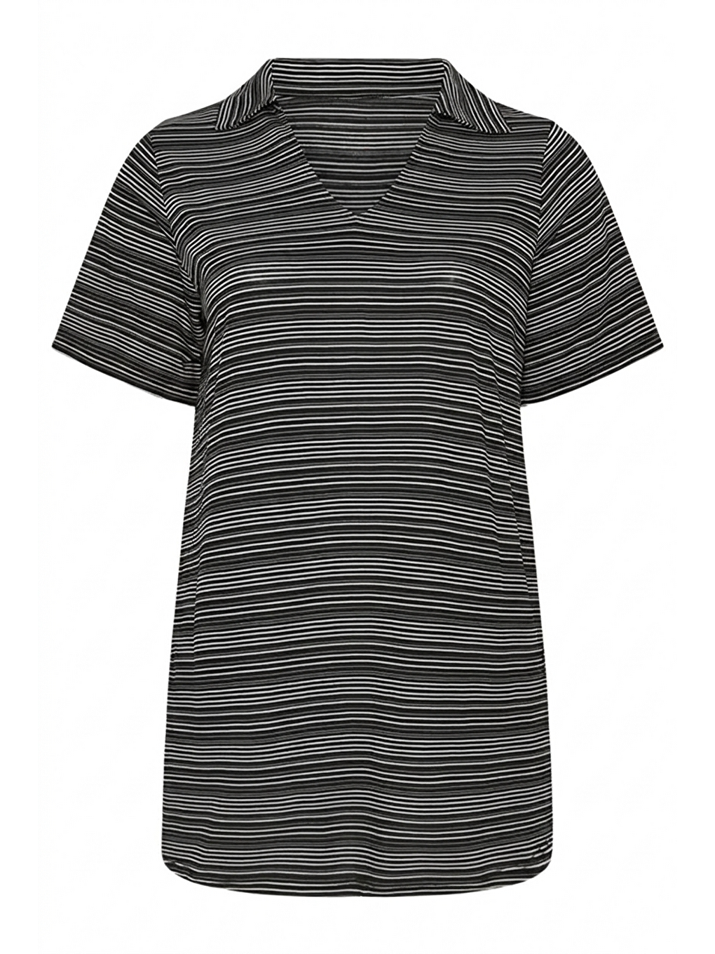 Siyah V Yaka Kısa Kollu Esnek Kumaşlı Çizgili Uzun T-shirt