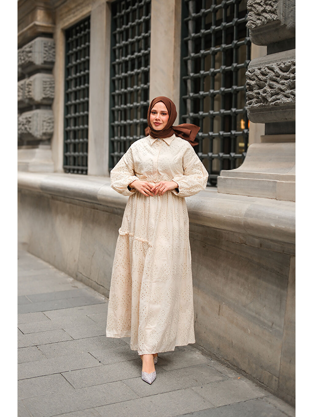 Ekru Kadın Beli Lastikli Brode Elbise  Krem-3