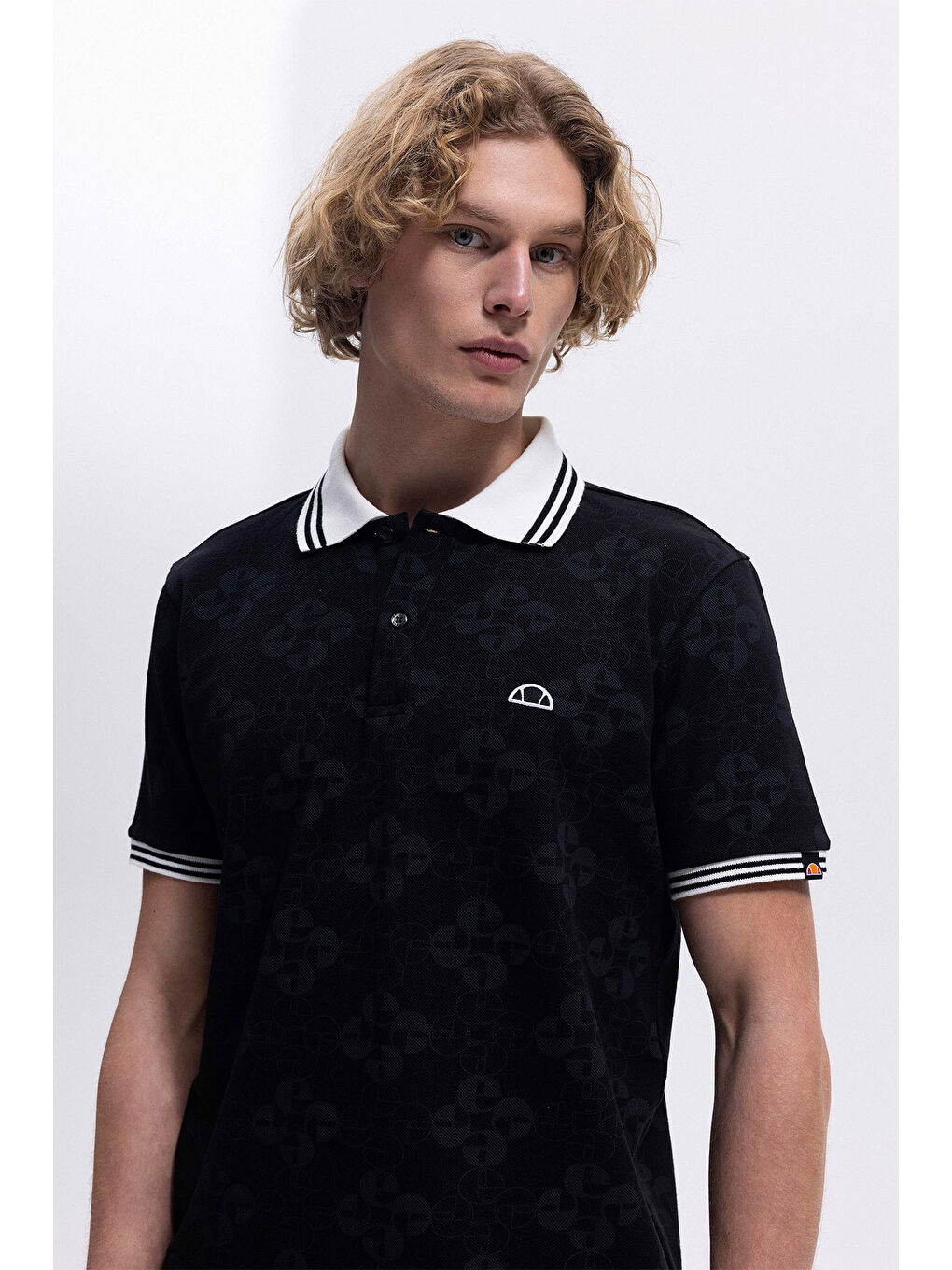 Siyah Monogramlı % 100 Pamuk Regular Fit Düğmeli Polo Yaka T Shirt EM381-BK-4