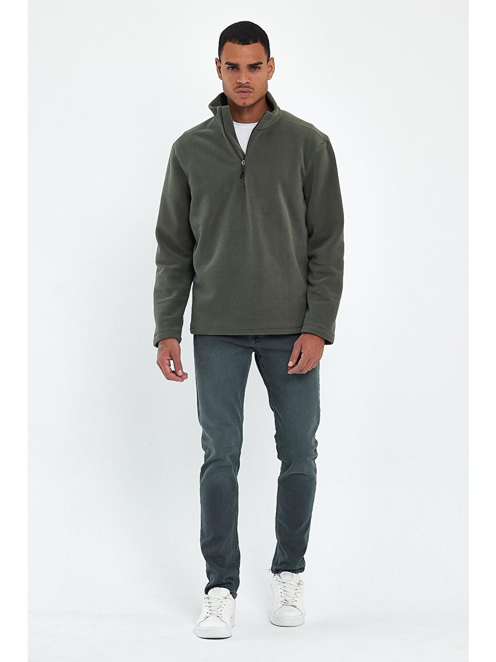 Haki Erkek Rahat Kalıp Softech Polar Yarım Fermuarlı Sweatshırt spr24pw20