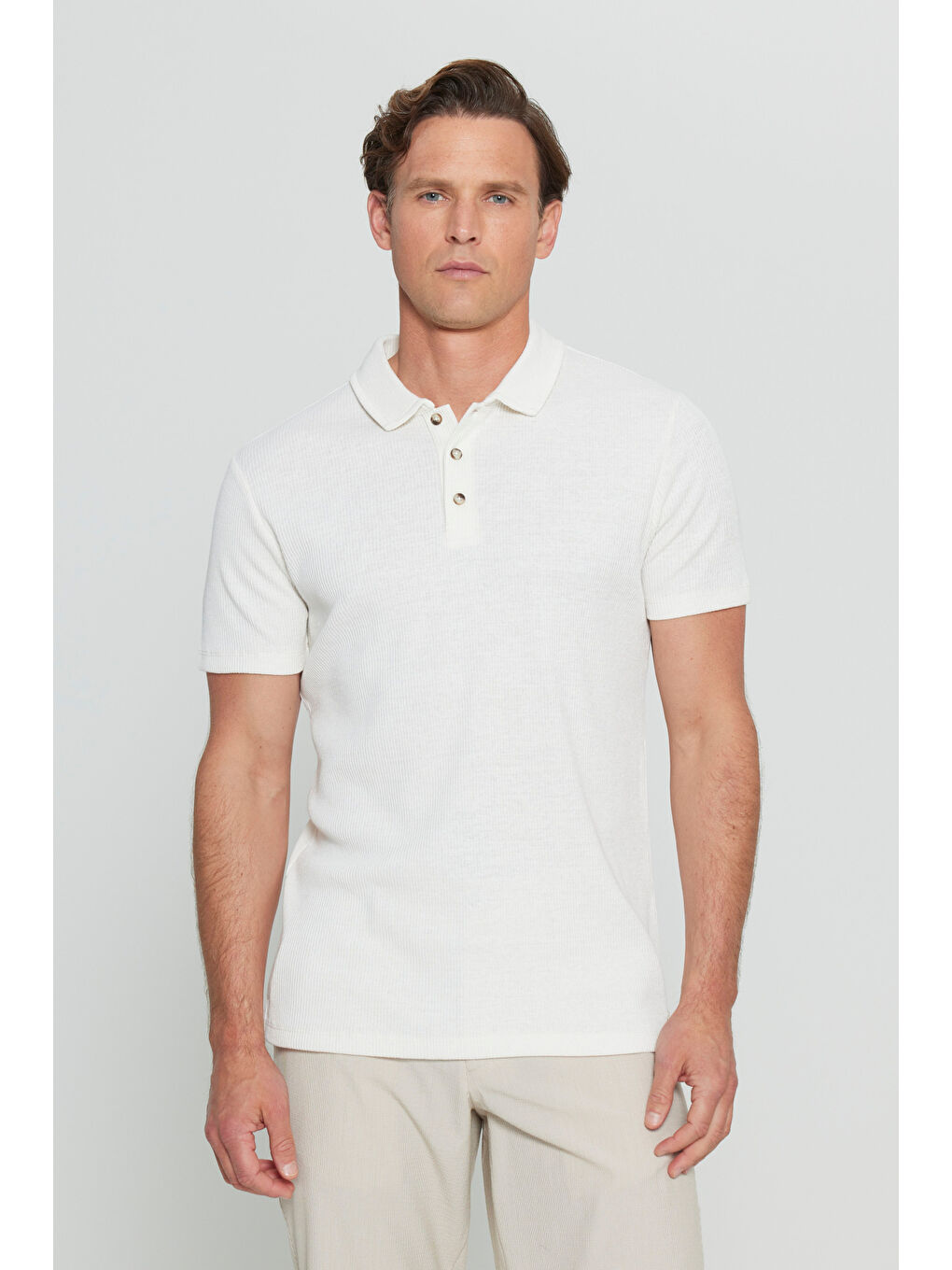 Erkek Ekru Pamuklu Dar Kesim Polo Yaka Çizgili Tişört-2