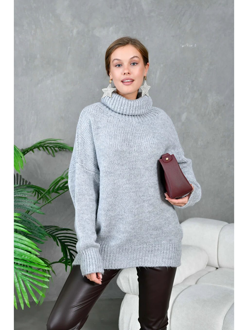 Gri Kadın Balıkçı Yaka Kaşkorse Oversize Triko Tunik