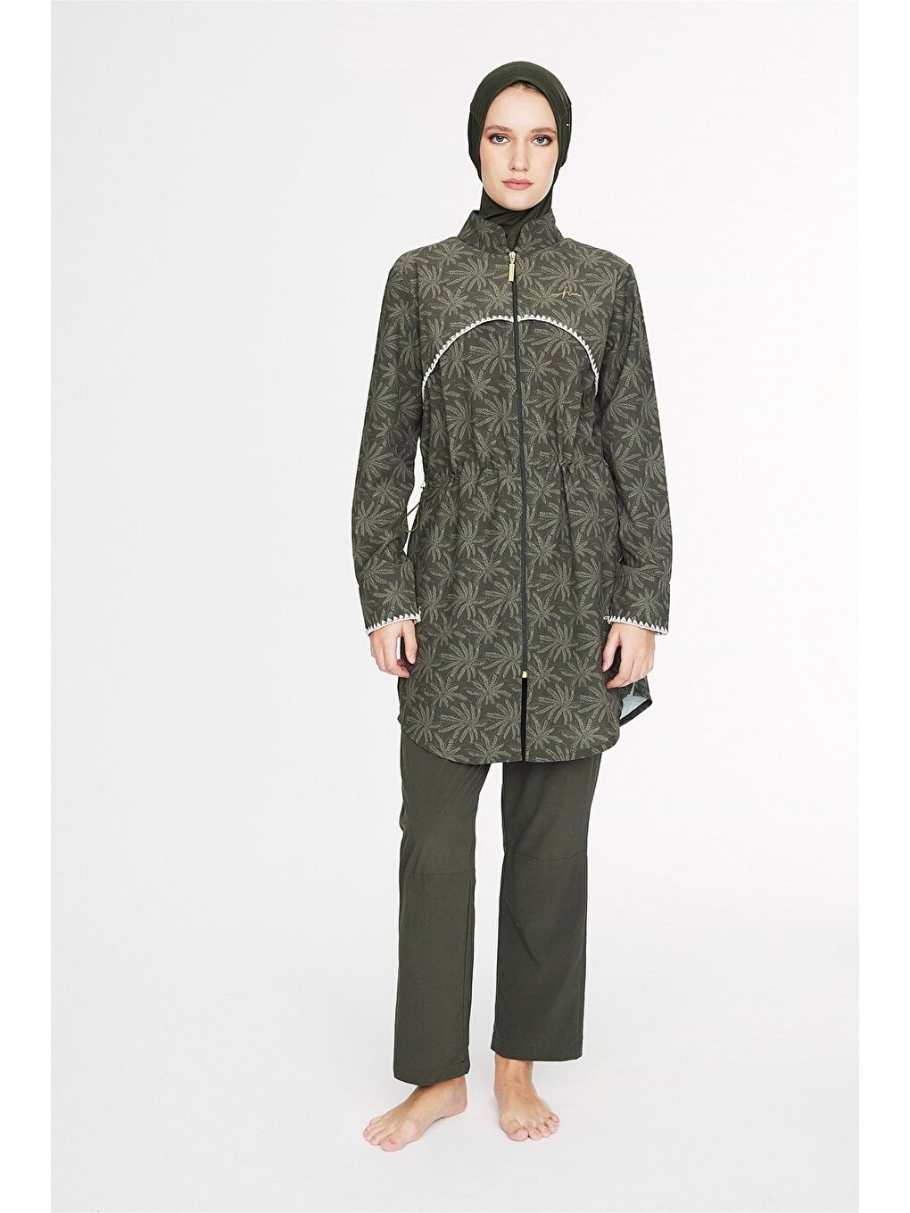 Haki Vaha Koleksiyonu Taytlı Pantolonlu Palmiye Desenli 6 Parça Tam Tesettür Mayo Takımı 5095-2