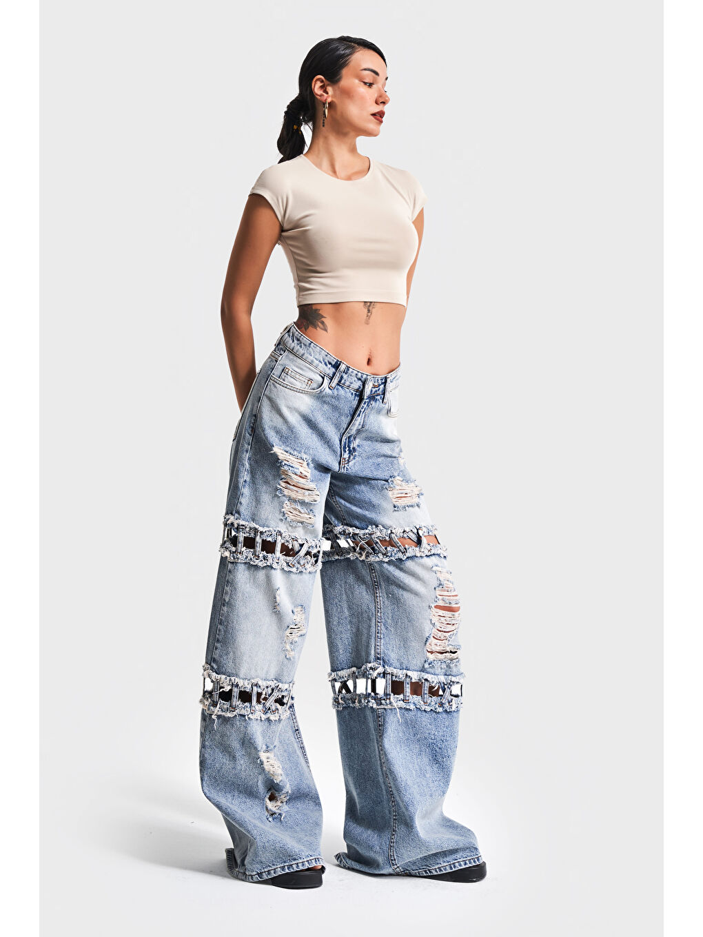 Mavi Kadın Jean Rengi Palazzo Fit Yırtık Detaylı Tasarım Denim Jean-2