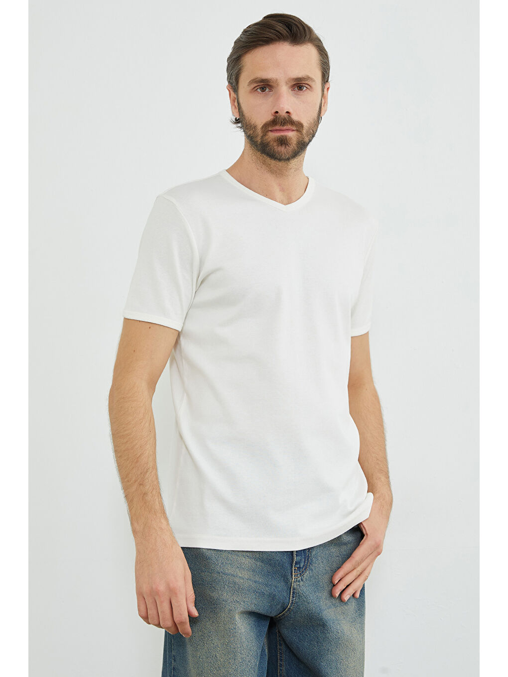 Ekru Basic Ribanalı V Yaka Tişört-2