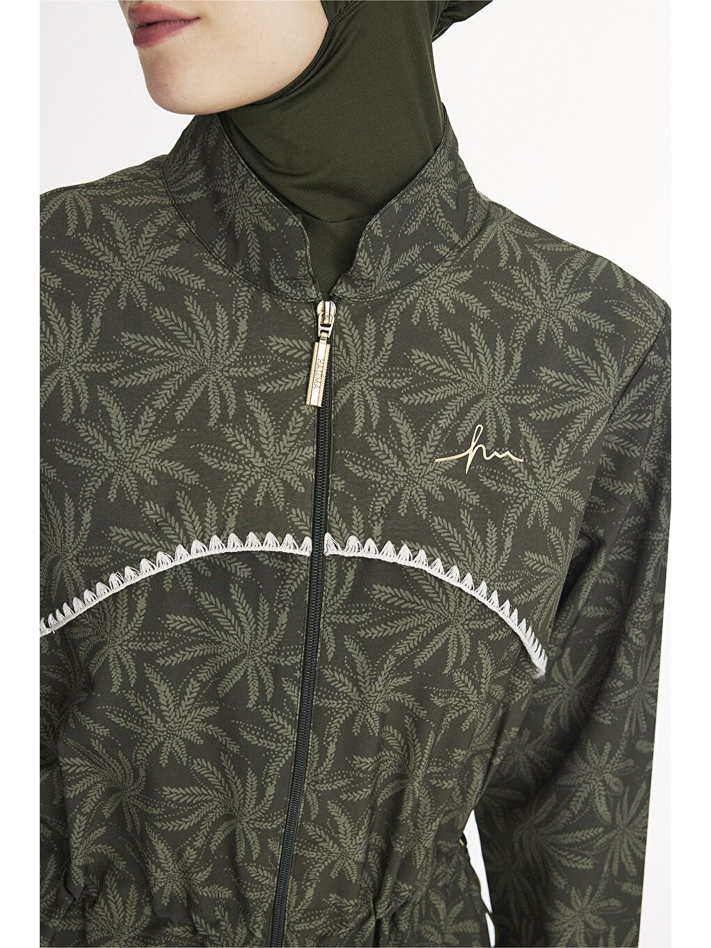 Haki Vaha Koleksiyonu Taytlı Pantolonlu Palmiye Desenli 6 Parça Tam Tesettür Mayo Takımı 5095-4