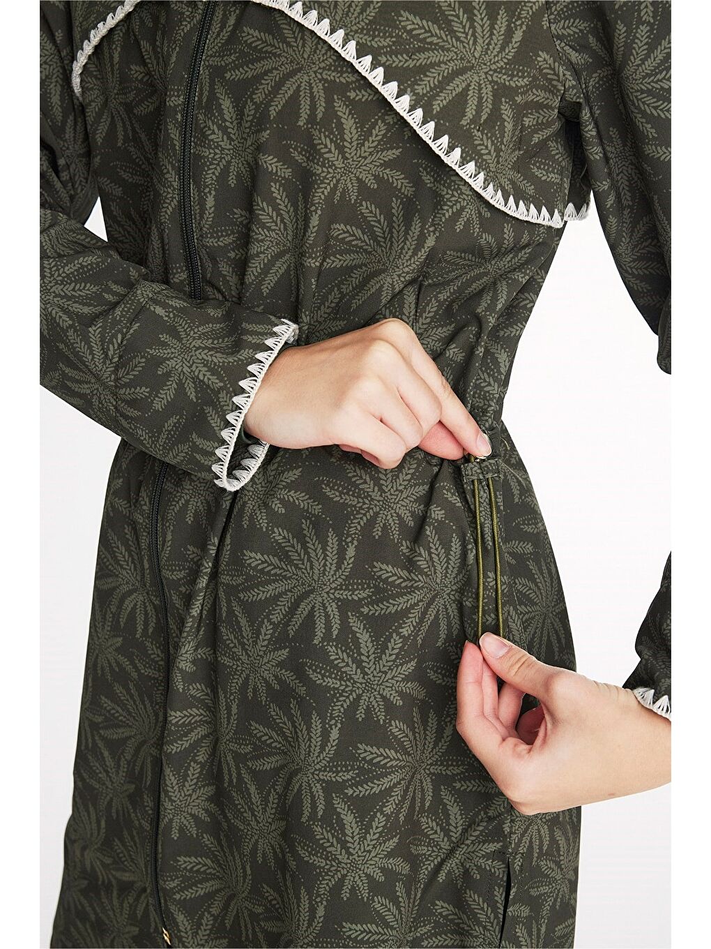 Haki Vaha Koleksiyonu Taytlı Pantolonlu Palmiye Desenli 6 Parça Tam Tesettür Mayo Takımı 5095-5